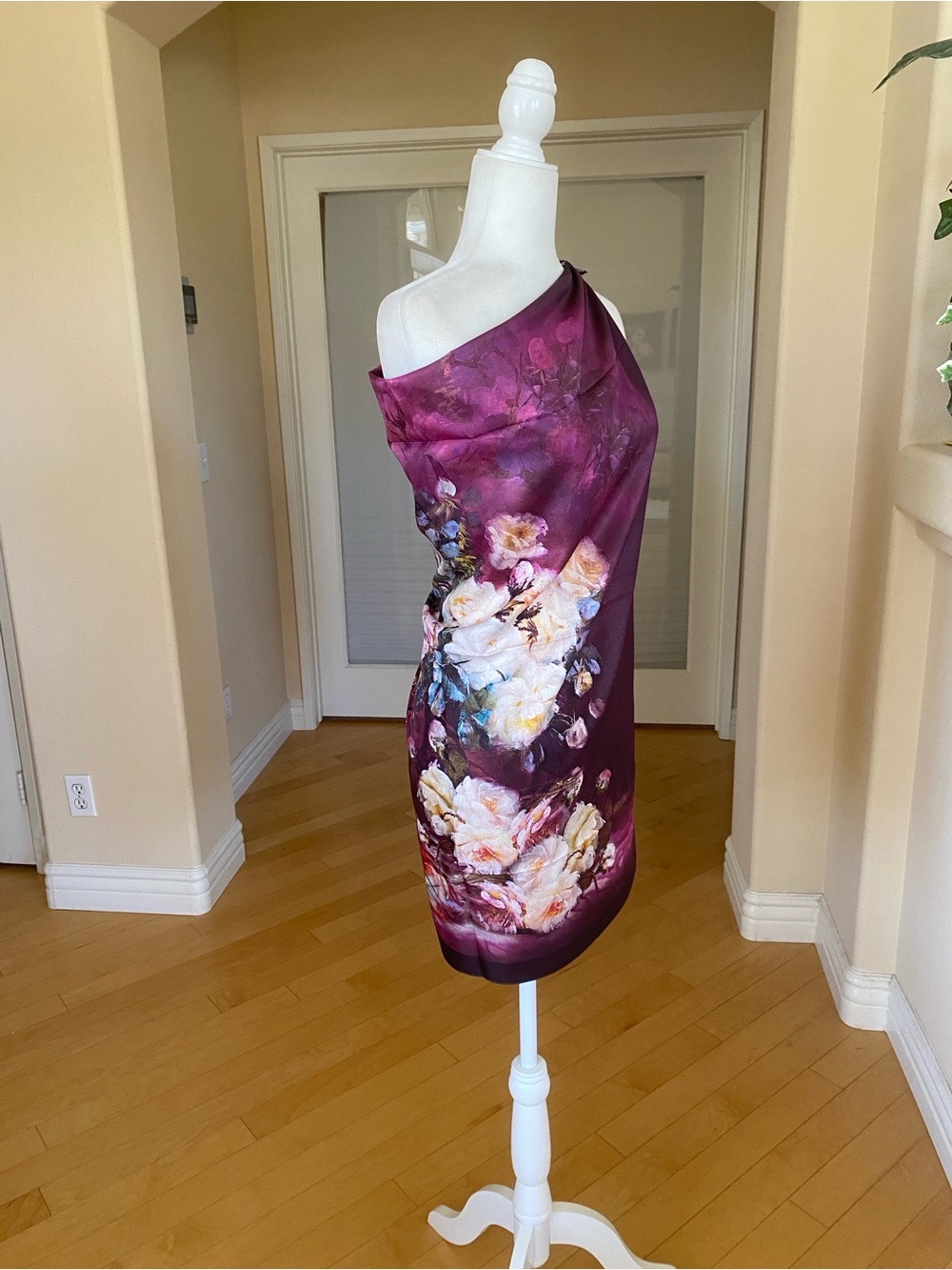 Floral Silk Wrap Scarf Top in Deep Plum